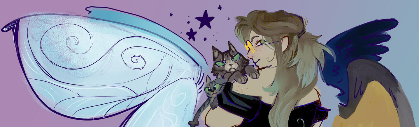LtR - light blue fairy wings, goofy tabby, grumpy tabby, held in Stars' arms as they look over their shoulder. Stars fly above the three and different colored wings splay out on their right. Pastel purple to pastel blue gradient in the background.